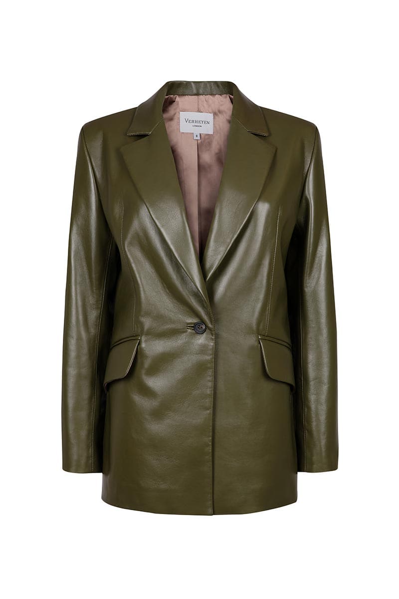 Verheyen Cult Mia X Verheyen Chesca oversized olive leather blazer, front view showing tailored design and olive color.