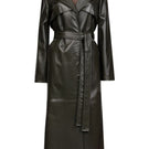 Dark khaki leather trench coat by Verheyen, featuring a sleek design and classic silhouette, shown on a model.