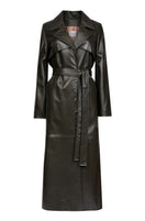 Dark khaki leather trench coat by Verheyen, featuring a sleek design and classic silhouette, shown on a model.