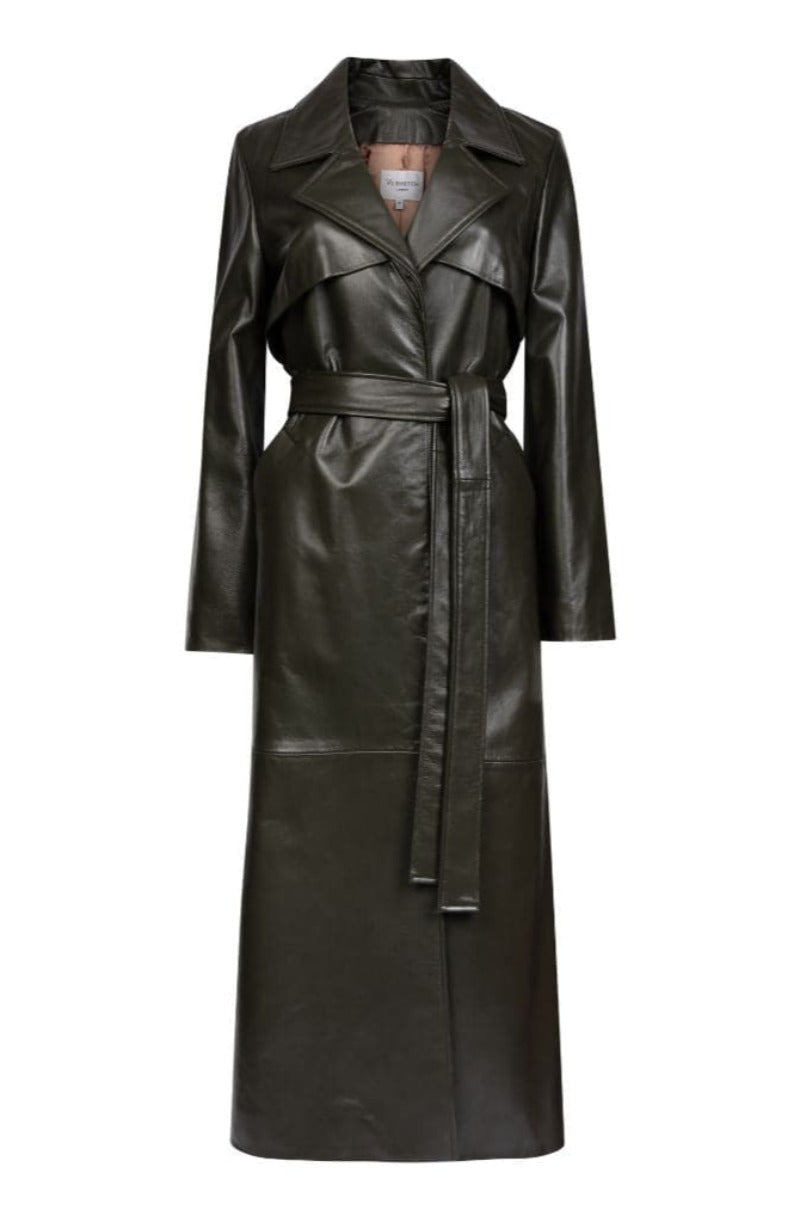 Dark khaki leather trench coat by Verheyen, featuring a sleek design and classic silhouette, shown on a model.