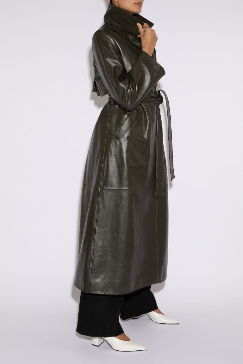 Verheyen Leonora dark khaki leather trench coat displayed on a hanger, showcasing its sleek design and classic silhouette.