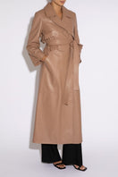 Taupe leather trench coat by Verheyen, featuring classic design and tailored fit, shown in a close-up view.
