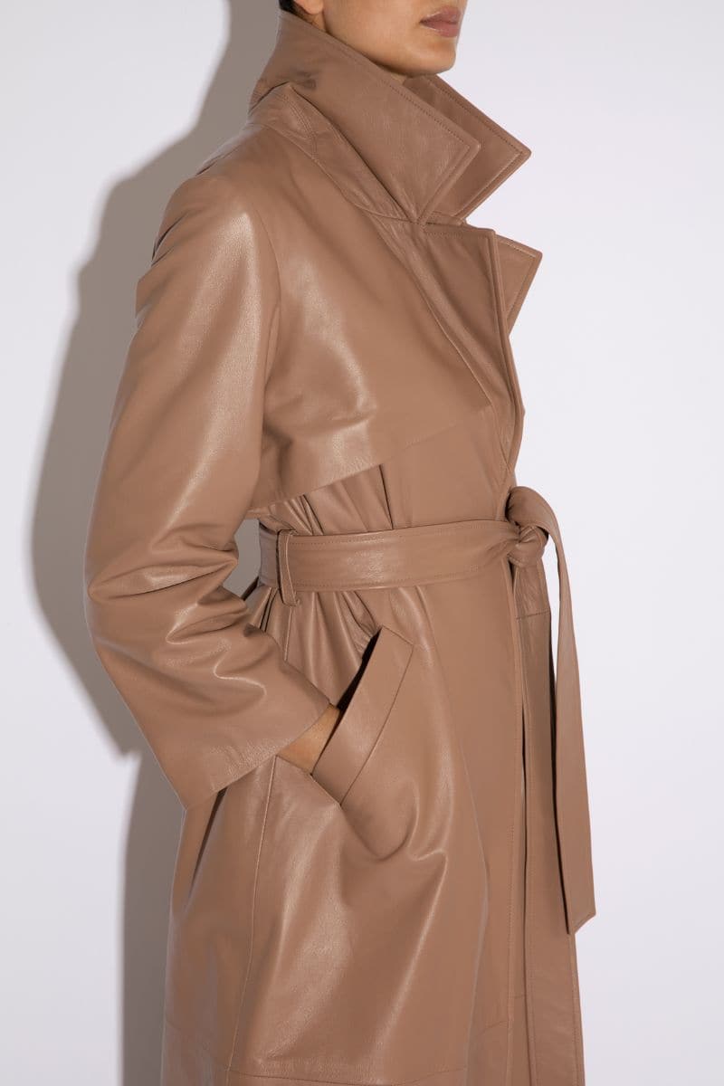 Verheyen Leonora taupe leather trench coat for women, stylish and tailored, shown in a taupe color.