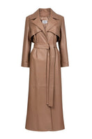 Taupe leather trench coat by Verheyen, detailed with classic design and stylish silhouette, shown in size XXS.
