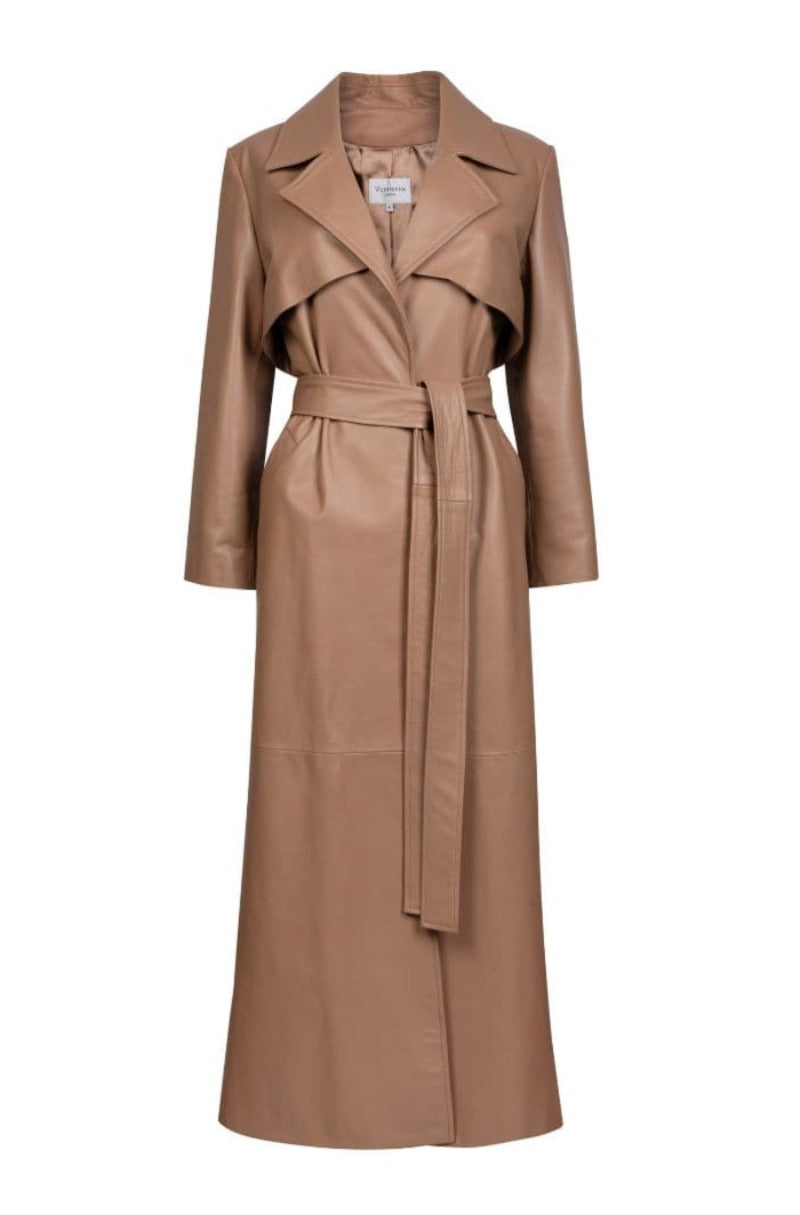 Taupe leather trench coat by Verheyen, detailed with classic design and stylish silhouette, shown in size XXS.