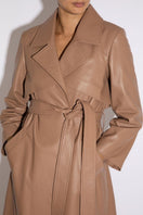 Taupe leather trench coat by Verheyen, shown in XXS size, featuring a stylish, tailored design with classic lapels and button details.