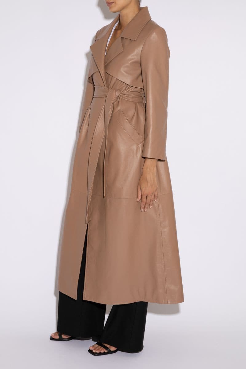 Taupe leather trench coat by Verheyen, shown in XXS size, stylish tailored design with classic lapels and belted waist.