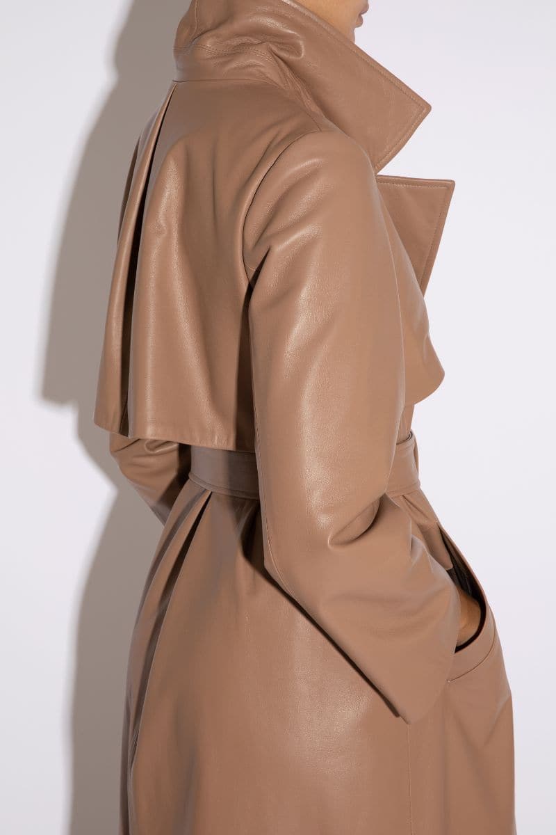 Taupe leather trench coat by Verheyen, featuring a stylish design and classic silhouette, shown in size XXS.