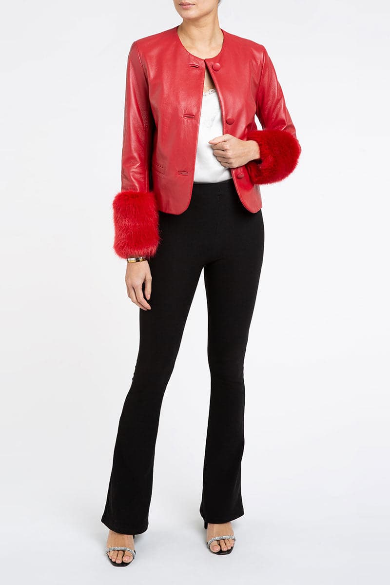 Red VITA Cropped Faux Fur Jacket by Verheyen, showcasing plush faux fur fabric and cropped style, displayed on a plain background.