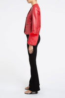 Red Verheyen Vita cropped faux fur jacket, stylish short jacket with plush texture, shown on a model.