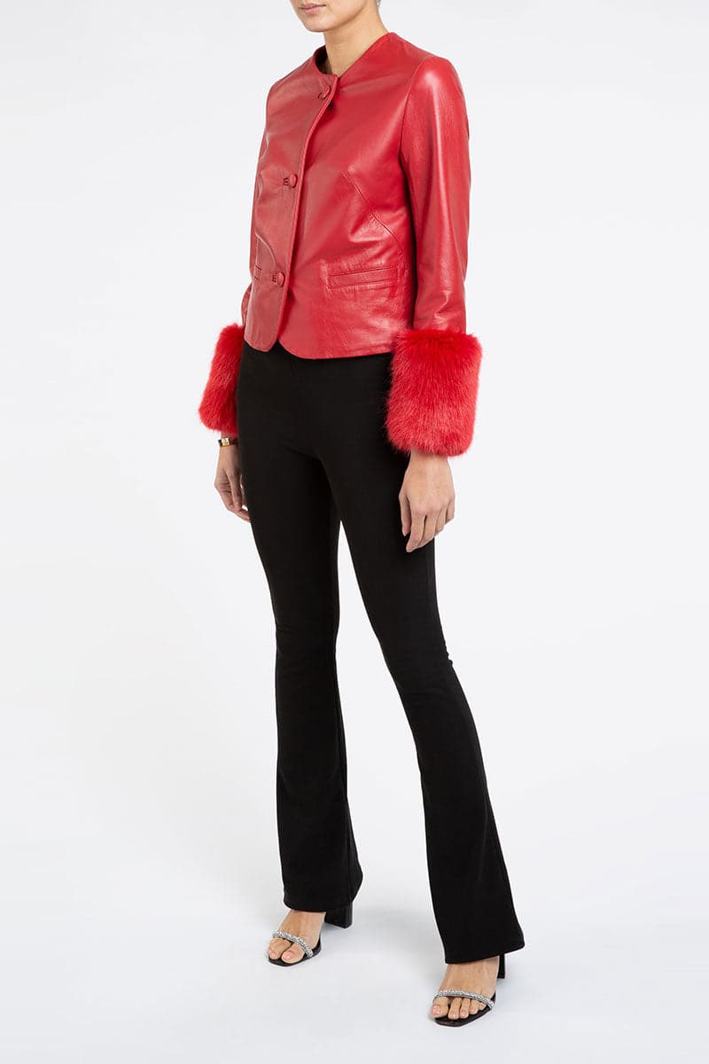 Red Verheyen VITA cropped faux fur jacket, stylish women's outerwear with a cozy, plush texture and a modern cropped fit.