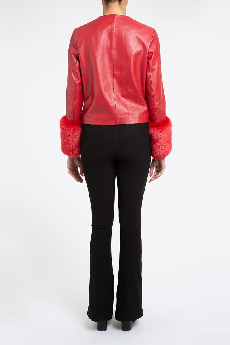 Red Verheyen VITA cropped faux fur jacket, stylish women's jacket with soft faux fur texture and cropped fit.